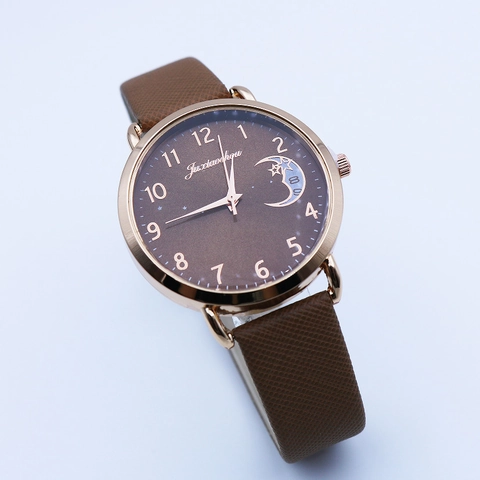 Women Quartz Watch Star Moon Dial Rose Gold Alloy Case PU Leather Strap Fashion Elegant Wristwatch Arabic Numerals