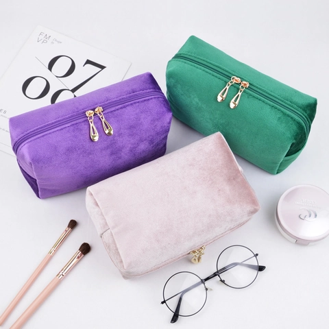 Velvet Cosmetic Bag Makeup Organizer Travel Toiletry Pouch Gold Double Zipper Portable Soft Handbag Storage Case