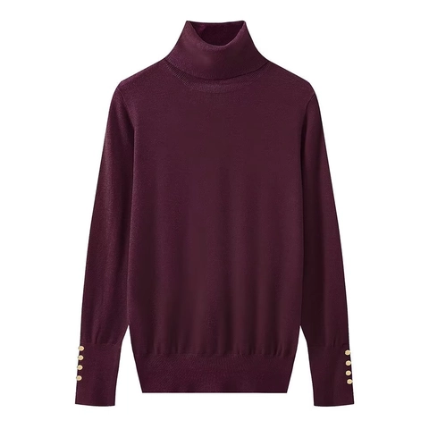 Women's Casual Turtleneck Knitted Sweater Long Sleeve Soft Warm Pullover Top With Decorative Gold Buttons On Cuffs Winter Jumper