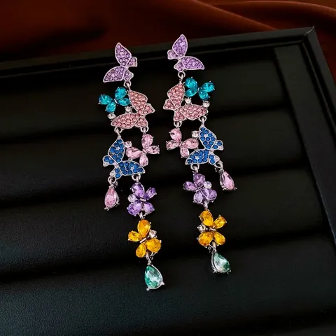 Orecchini Pendenti Farfalla Strass Colorati Vintage Nappa Lunga Lega Con Perno In Argento Sterling 925