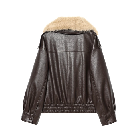 Damen PU Lederjacke Mit Kunstpelzkragen Braun Moto Biker Stil Revers Knopf Vintage Warm Wintermantel Außenbekleidung