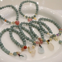 Pulsera de Cuentas de Jade Birmano Hecha a Mano para Mujer Colgante de Mariposa de Corazón de Cuarzo Fresa Joyería