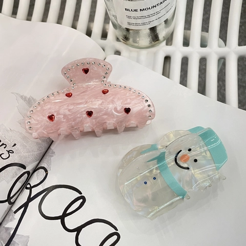 Haarklem Acryl Acetaat Hart Strass Sneeuwpop Valentijnsdag Winter Zoet Elegant Accessoire Voor Dames