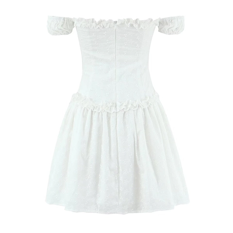 Mini-Kleid Damen 100% Baumwolle Lochstickerei Schulterfrei Rüschen Sexy Französischer Stil A-Linie Sommer