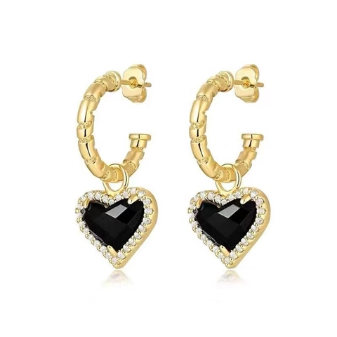 Vintage Brass Gold Plated Heart Stud Earrings For Women Rhinestone Embellished Heart Dangle Earrings Fashion Jewelry Gift