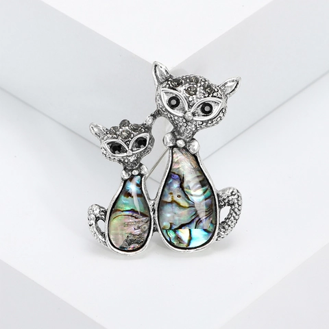 Broche Chat en Alliage Vintage Avec Coquille d'Abalone pour Femmes Strass de Haute Qualité Épinglette Animale Bijoux de Mode Cadeau