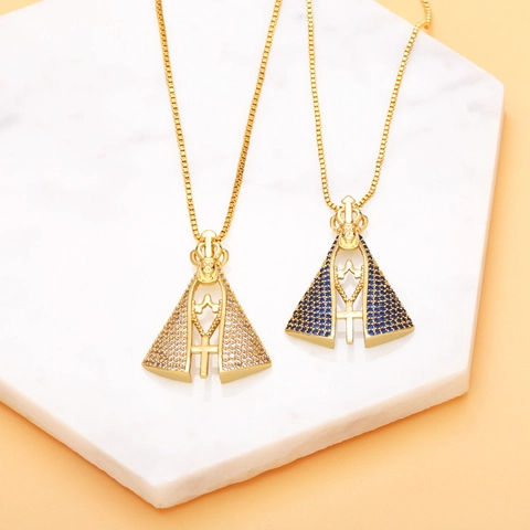 Collier Pendentif Notre-Dame D'Aparecida Cuivre Plaqué Or 18K Zircon Bijoux Chrétiens Religieux Pour Femmes Cadeau
