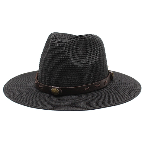 Fedora Panama Straw Hat Wide Brim Sun Protection Vacation Style With Faux Leather Band And Metal Rivets For Men Women