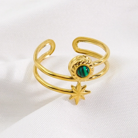 Franse Vintage Roestvrij Staal Open Verstelbare Ring Achtpuntige Ster Natuurlijke Malachiet Steen Goud Vergulde Ring Voor Vrouwen Sieraden