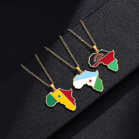 Stainless Steel Africa Map National Flag Pendant Necklace Gold Silver Enamel African Countries Map Jewelry For Women Men