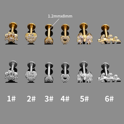 Zircon Inlaid Flower Heart Butterfly Leaf Labret Lip Studs Stainless Steel Flat Back Ear Cartilage Piercing Jewelry
