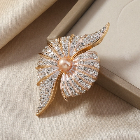 Broche de Concha Champaña Francés Vintage Con Diamantes de Imitación y Perla Artificial para Mujer Abrigo Traje Pin