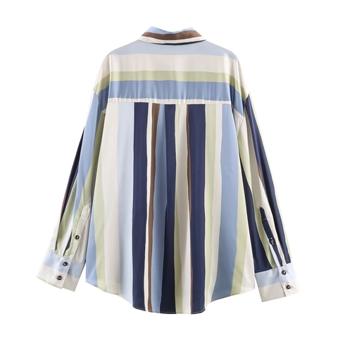 Verticaal Gestreepte Satijnen Blouse Overhemd Lange Mouwen Knoopsluiting Revers Casual Elegant Voor Dames