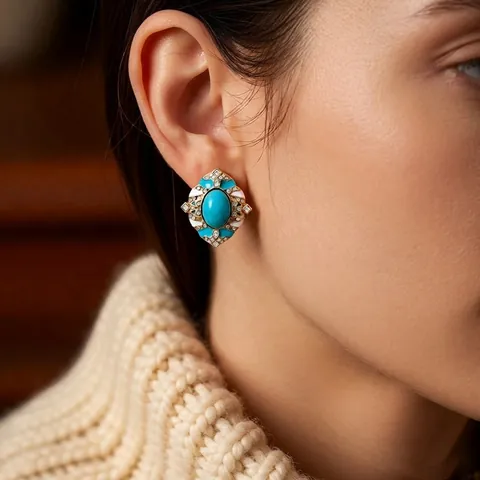 Vintage Oval Stud Earrings With Silver Earring Post Alloy Enamel Rhinestone Synthetic Stone Palace Style Jewelry Women