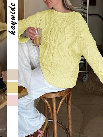 Women Cable Knit Sweater Acrylic Round Neck Long Sleeve Solid Color Casual Minimalist Knitwear