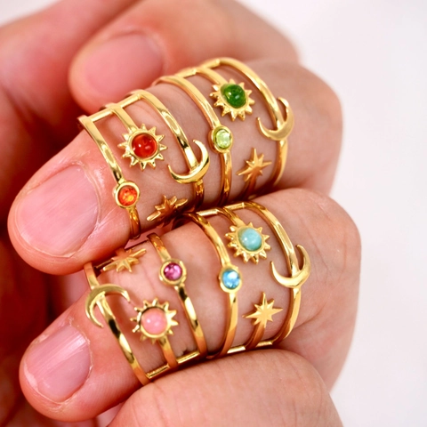 Vintage Stainless Steel Natural Stone Open Ring Sun Moon Star Pattern Gold Plated Adjustable Bohemian Jewelry For Women