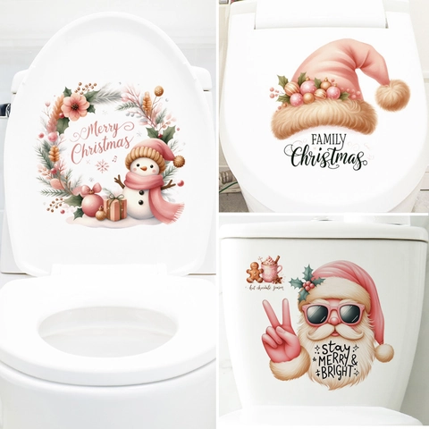 Pegatinas Tapa De Inodoro Navidad Rosa Calcomanía PVC Extraíble Papá Noel Muñeco De Nieve Decoración Baño Hogar
