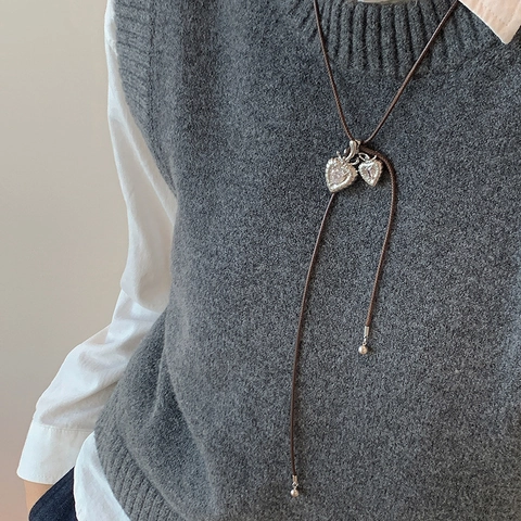 Collana Con Pendente A Doppio Cuore Lega Zircone Retro Catena Lunga Per Maglione Cordino Marrone Donna