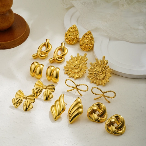 Vintage Geometric Bowknot Water Drop Earrings Zinc Alloy Gold Plated Fashion Jewelry For Women Commute Accessory