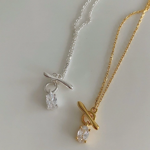 Minimalist 925 Sterling Silver OT Buckle Pendant Necklace For Women Gold Silver Electroplated Rhinestone Toggle Clasp Jewelry