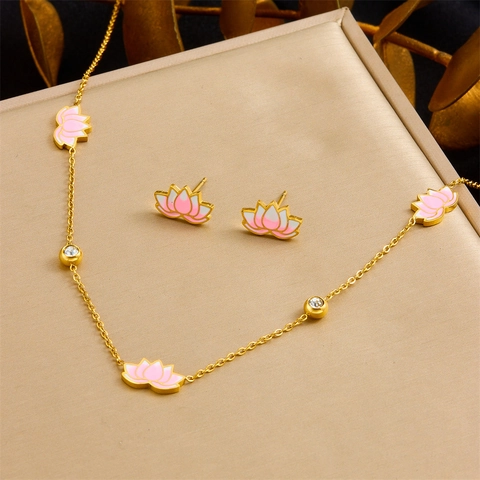 Lotus Blume Schmuck Edelstahl Pink Emaille Vergoldet Zirkonia Halskette Ohrringe Armband Elegant Neuer Chinesischer Stil