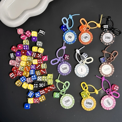 Poker Chip Dice Keychain Pendant Acrylic Plastic Casino Style Bag Accessory DIY Hanging Jewelry Charm