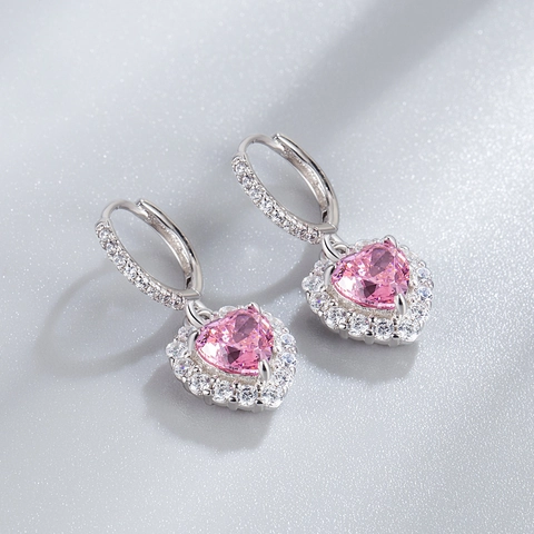 Boucles d'Oreilles Pendantes Cœur en Argent Sterling 925 pour Femmes Mode Élégante Bijoux en Strass Taille Fleur de Glace Cadeau de Saint Valentin
