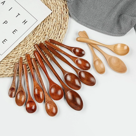 Natural Wooden Spoons Kitchen Tableware Long Handle Soup Scoops For Dessert Coffee Mixing Stirring Japanese Style
