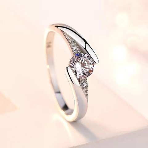 Anello Aperto Regolabile in Argento Sterling 925 Classico Tondo con Strass Intarsiato Gioielli di Moda per Donna