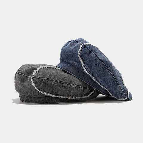 Béret En Jean Lavé Rétro Avec Bords Effilochés Coton Chapeau De Peintre Vintage Réglable