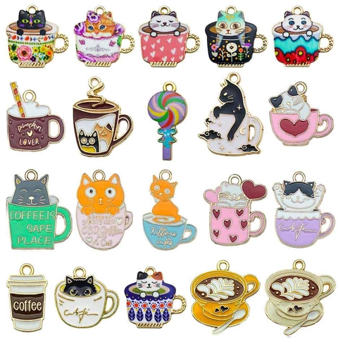 Cat Coffee Cup Charms Zinc Alloy Enamel Drip Oil Pendants For DIY Jewelry Making Earrings Bracelet Necklace Cartoon