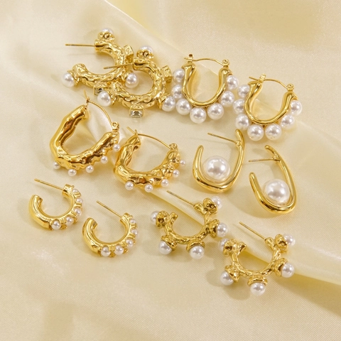 Vintage 14K Vergoldete Edelstahl Muschelperlen Ohrringe C-Form U-Form Hoop Drop Eleganter Schmuck Für Damen
