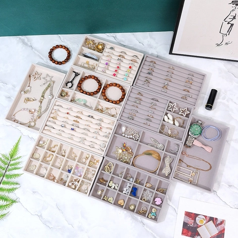 Velvet Jewelry Display Tray Organizer Stackable Multi Grid Case Drawer Storage For Rings Earrings Necklaces Bracelet