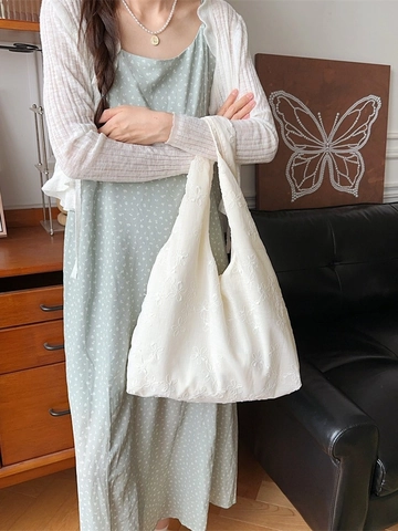 Sac Cabas Brodé De Fleurs En Mousseline Grande Capacité Sac À Épaule Décontracté Pour Femmes Shopping Quotidien Style Ins