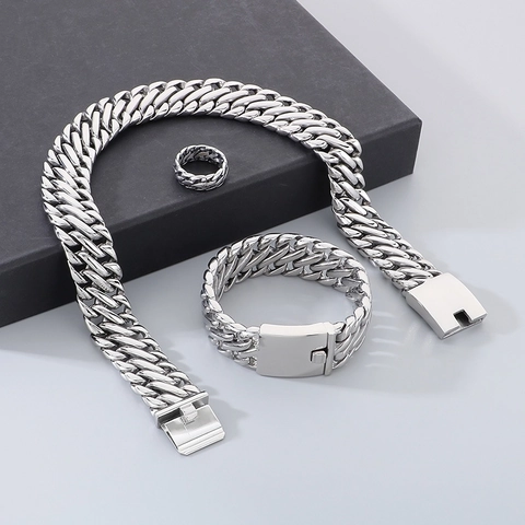 Collar Pulsera Y Anillo De Eslabones Cubanos De Acero Inoxidable Joyería Hip Hop Gruesa Para Hombres
