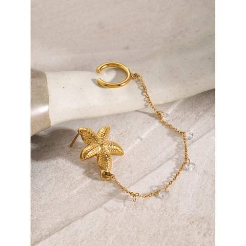 Starfish Ear Stud And Ear Cuff Integrated Chain 18K Gold Plated Stainless Steel Zircon Ocean Jewelry For Women