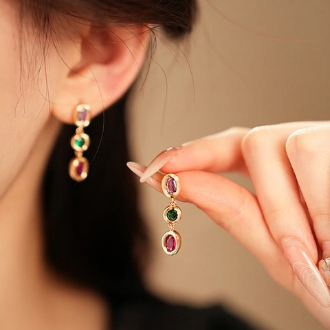 Vintage Oval Colorful Zircon Drop Earrings With Silver Earring Post Gold Plated Copper Luxury Jewelry For Women