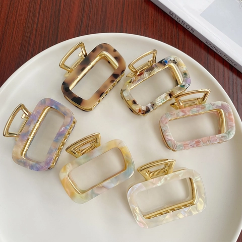 Pinzas Para El Cabello De Acetato Rectangulares Huecas Agarre Fuerte Antideslizantes Geométricas Clip Tiburón Retro Elegantes Mujeres