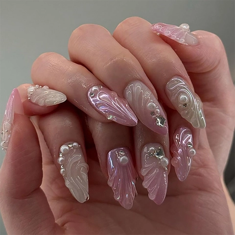 Unghie Finte Mandorla Sfumato Rosa Texture Conchiglia 3D Perla Artificiale Strass Manicure Per Donne