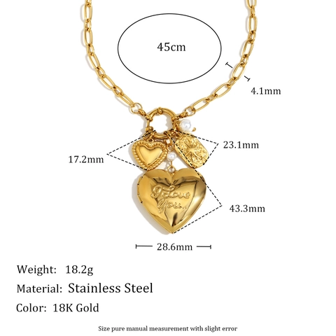 Roestvrijstalen Hart Medaillon Ketting 18K Verguld Gegraveerd I Love You Multi Hanger Met Kunstparel Voor Dames