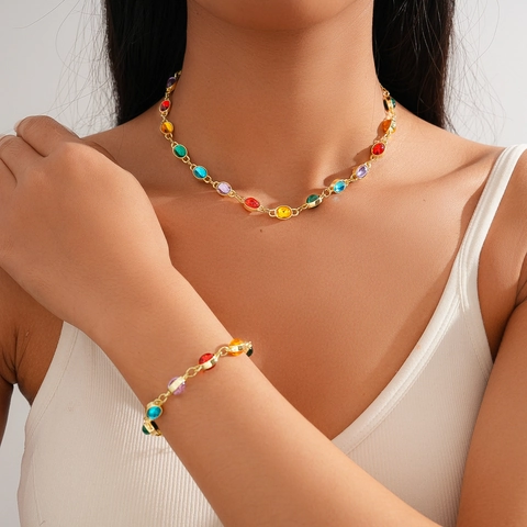 Collana E Bracciale Etnici Vintage Lega Resina Colorata Giuntata Ovale Catena Dorata Gioielli Bohémien Per Donne