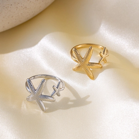 Sea Star Shell Open Adjustable Rings Stainless Steel Marine Ocean Element Gold Silver Tone For Women