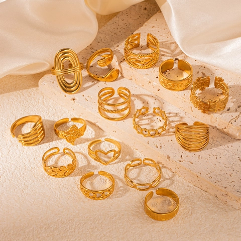 Bagues en Acier Inoxydable Creux Géométrique Pour Femmes Plaqué Or Bague Ouverte Réglable Vintage Cœur Feuille Bijoux