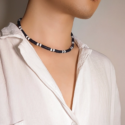 Men Minimalist Black White Polymer Clay Beaded Necklace Handmade Heishi Disc Choker Bohemian Style Jewelry Unisex