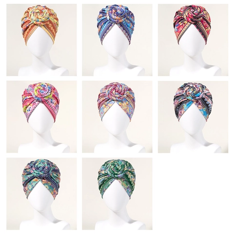 Dames Tulband Hoed Boheems Print Zacht Polyester Etnische Afrikaanse Stijl Hoofddoek Met Grote Rozet Bloem Decoratie