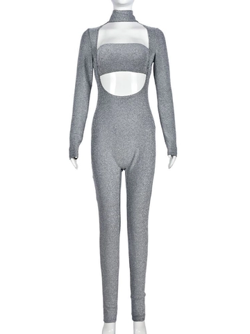 Tuta Argentata Scintillante Con Ritagli Collo Alto Maniche Lunghe Catsuit Slim Glitterata Per Donna