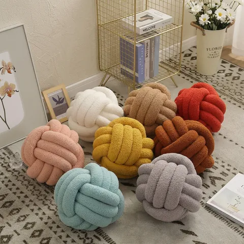 Knot Ball Throw Pillow Hand Woven Sherpa Plush Decorative Cushion Soft Round Pillow For Sofa Bedroom Living Room