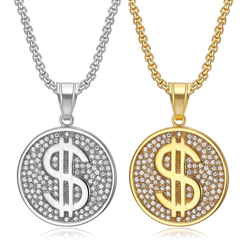 Hip Hop Iced Out Dollar Sign Pendant Necklace Stainless Steel Round Rhinestone Bling Jewelry For Men Rappers