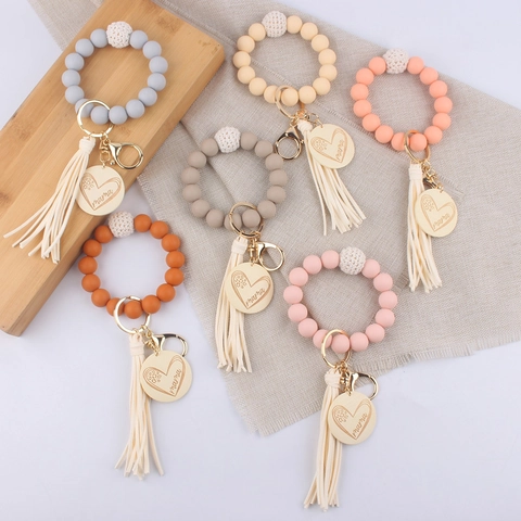 Portachiavi da Polso in Silicone con Perline Fatto a Mano con Nappa e Ciondolo a Cuore in Legno Inciso Bracciale Portachiavi Regalo per la Festa della Mamma