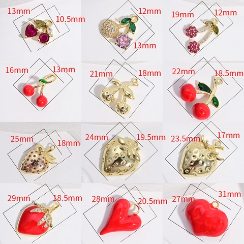Strawberry Cherry Heart Fruit Pendants Brass Enamel Zircon DIY Jewelry Making Accessories Cute Sweet Style
